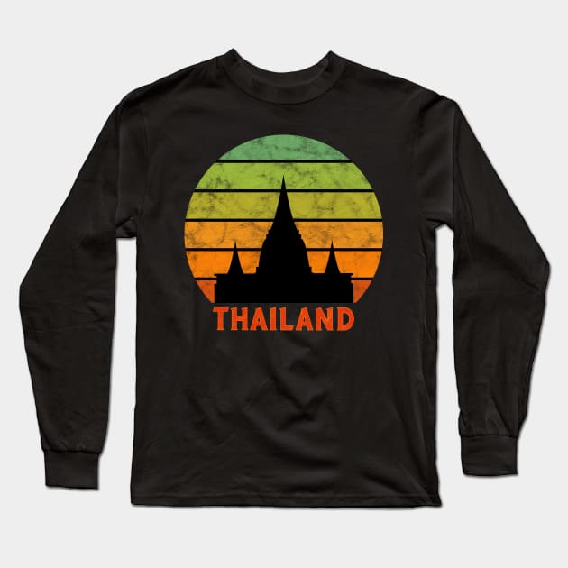 Thailand Temple Silhouette On A Rainbow Of Sunset Colors Long Sleeve T-Shirt by VintCam